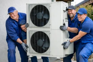 4 Männer tragen eine Wärmepumpe und müssen sich sehr anstrengen dabei